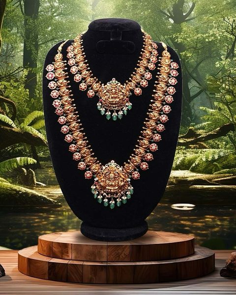 Two layered kempu floral harams with lakshmi pendants and emerald bead drops. Photographed at the shop.