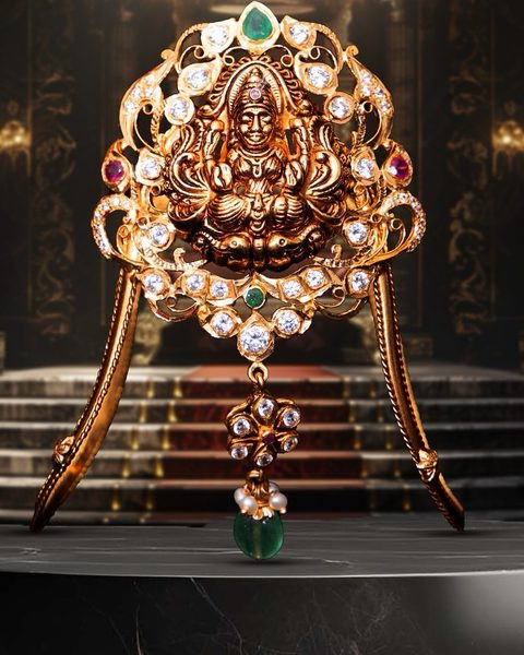 Lakshmi vanki armlet with cz stones, ruby and emerald accents and emerald drop. Photographed at the shop.