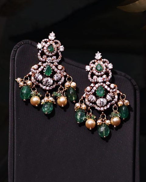 Pair of Victorian CZ drop earrings with emerald pears, pearl and emerald bead drops. Photographed at the shop.